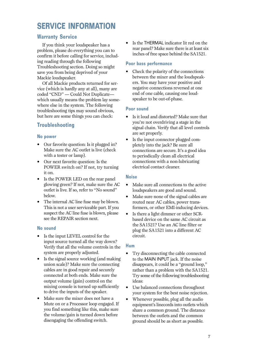 Service information, Warranty service, Troubleshooting | Warranty service troubleshooting | MACKIE SA1521 User Manual | Page 7 / 12
