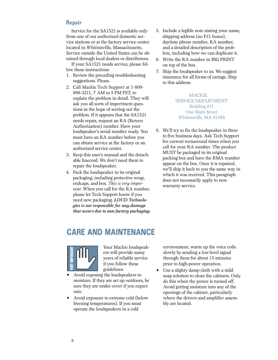 Repair, Care and maintenance | MACKIE SA1521 User Manual | Page 8 / 12