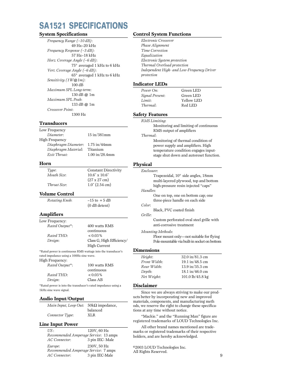 Sa1521 specifications | MACKIE SA1521 User Manual | Page 9 / 12