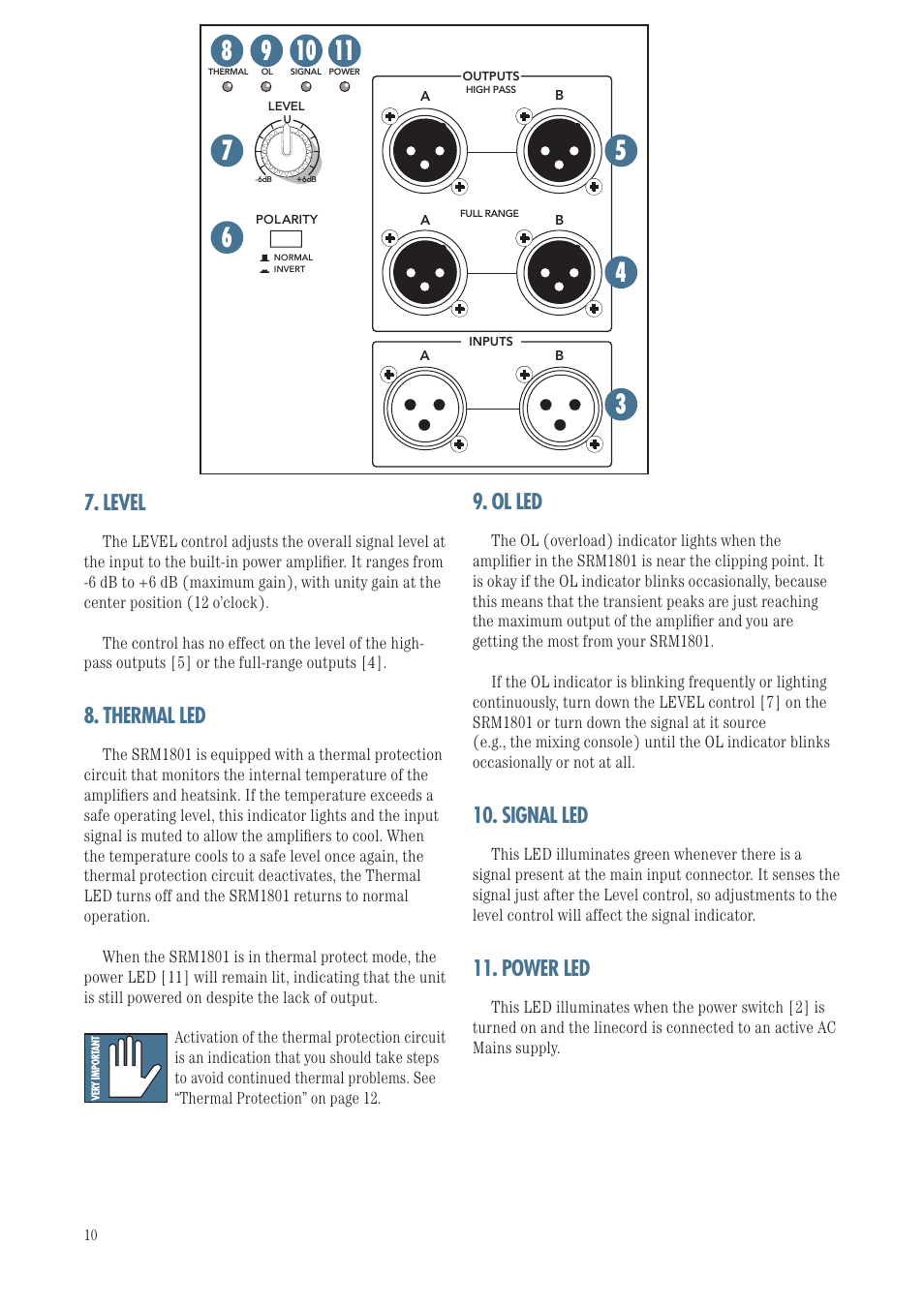 Level, Thermal led, Ol led | Signal led, Power led | MACKIE SRM1801 User Manual | Page 10 / 19