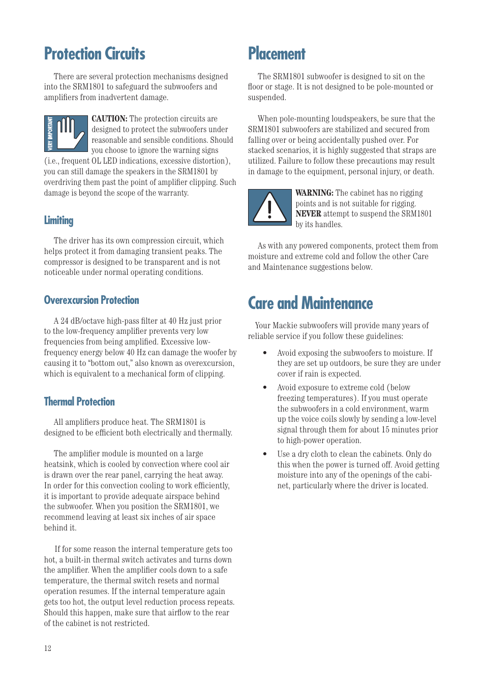 Placement, Care and maintenance, Protection circuits | MACKIE SRM1801 User Manual | Page 12 / 19