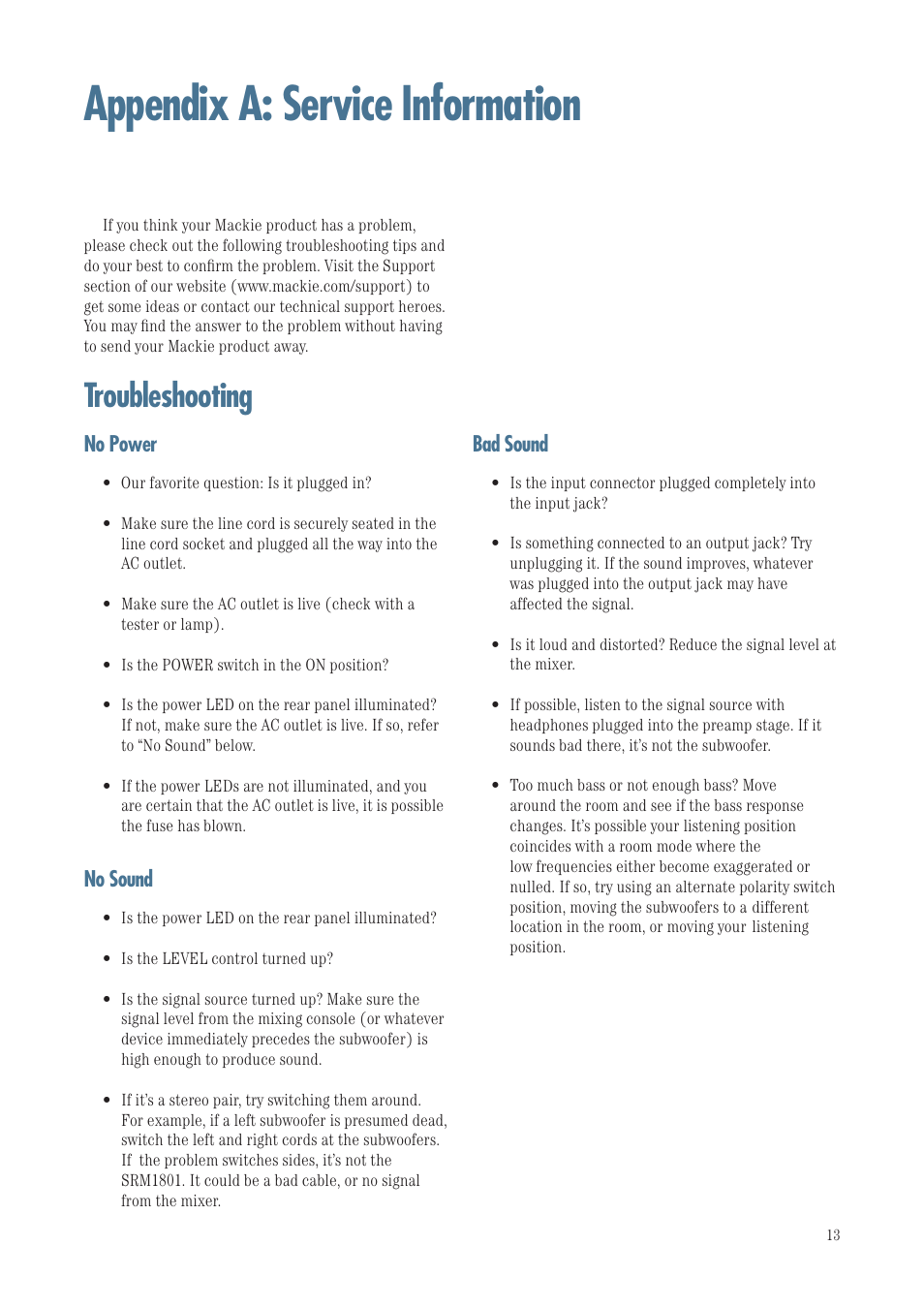 Appendix a: service information, Troubleshooting | MACKIE SRM1801 User Manual | Page 13 / 19