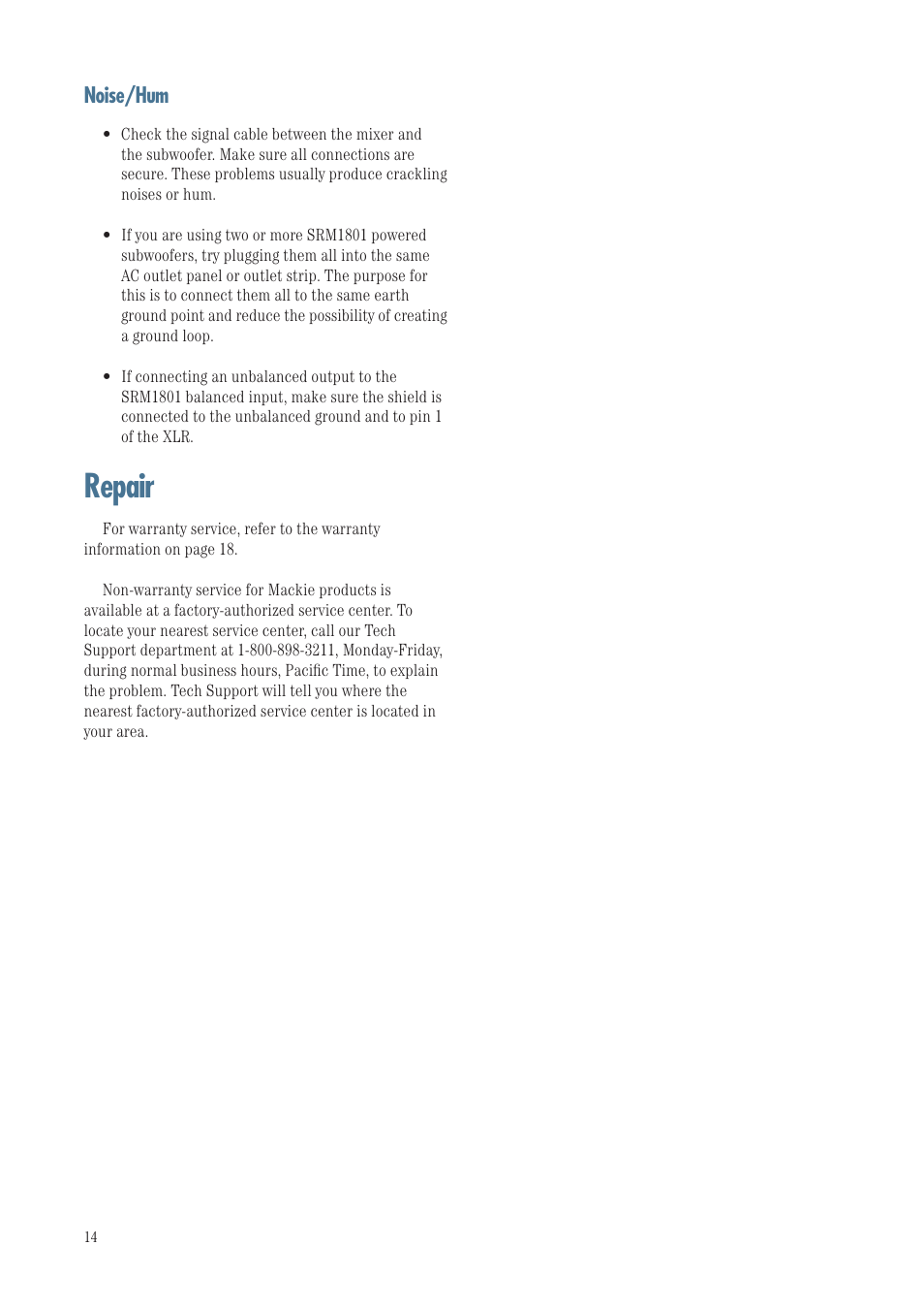 Repair, Noise/hum | MACKIE SRM1801 User Manual | Page 14 / 19