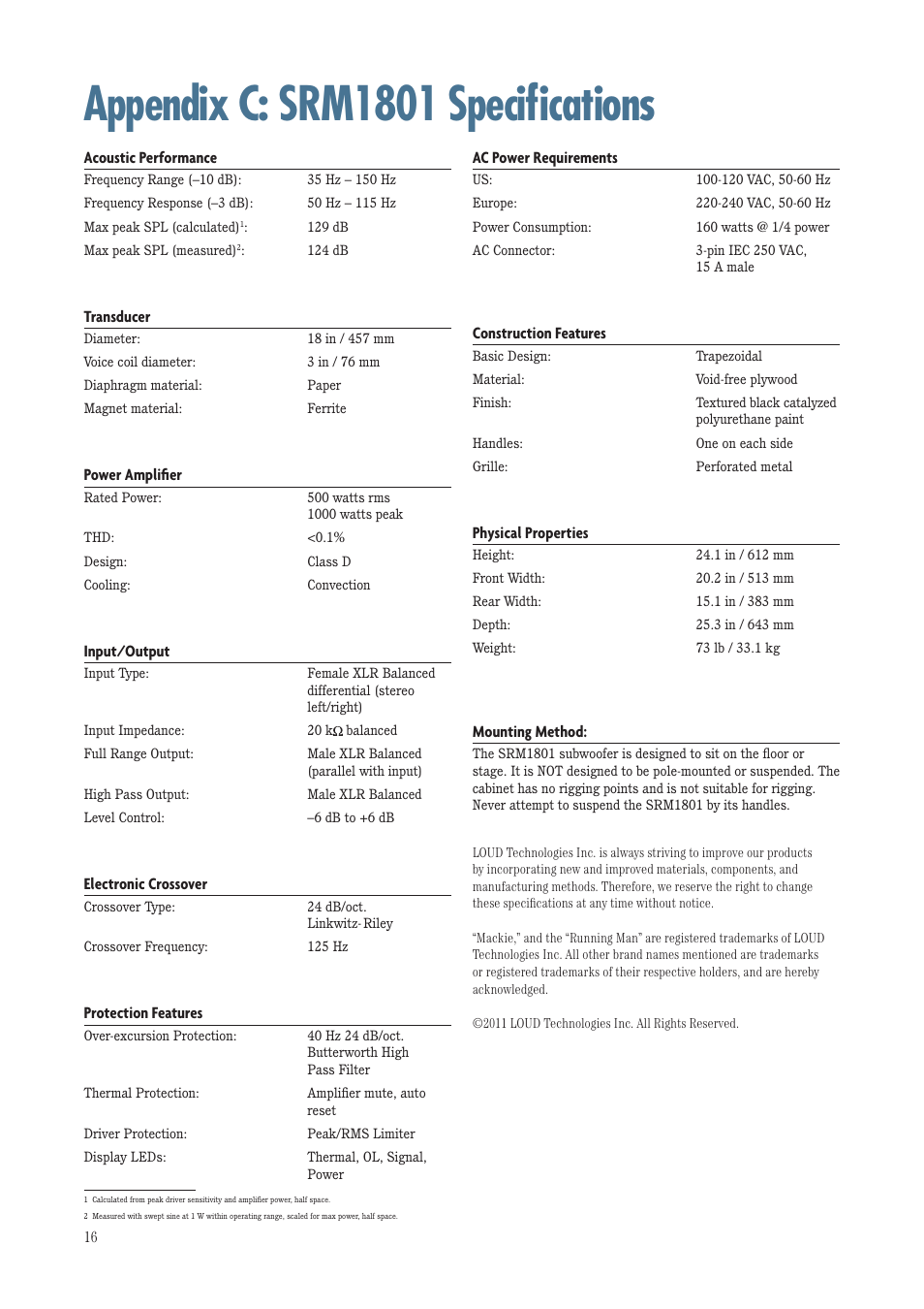 Appendix c: srm1801 specifications | MACKIE SRM1801 User Manual | Page 16 / 19