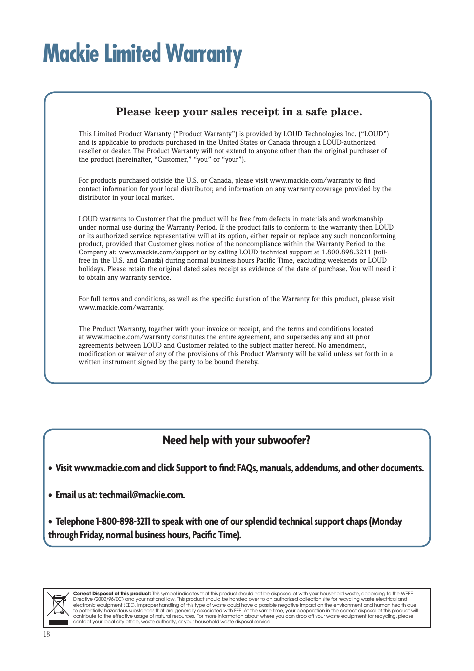 Mackie limited warranty, Need help with your subwoofer, Please keep your sales receipt in a safe place | MACKIE SRM1801 User Manual | Page 18 / 19