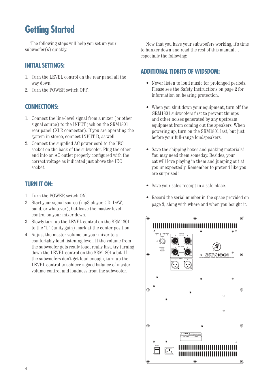 Getting started, Initial settings, Connections | Turn it on, Additional tidbits of widsdom | MACKIE SRM1801 User Manual | Page 4 / 19