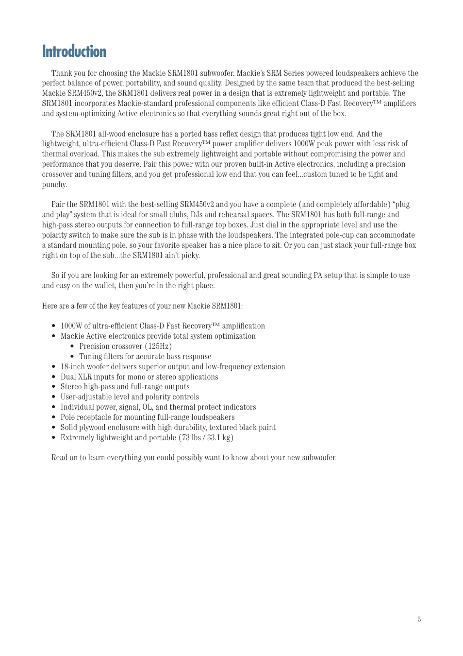 Introduction | MACKIE SRM1801 User Manual | Page 5 / 19