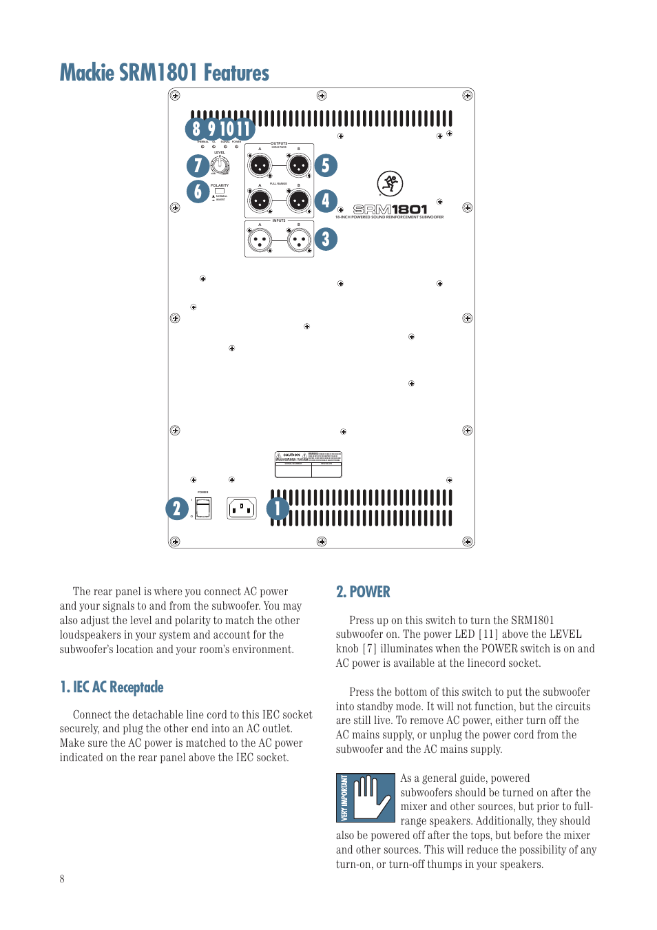 Mackie srm1801 features, Power, Iec ac receptacle | MACKIE SRM1801 User Manual | Page 8 / 19