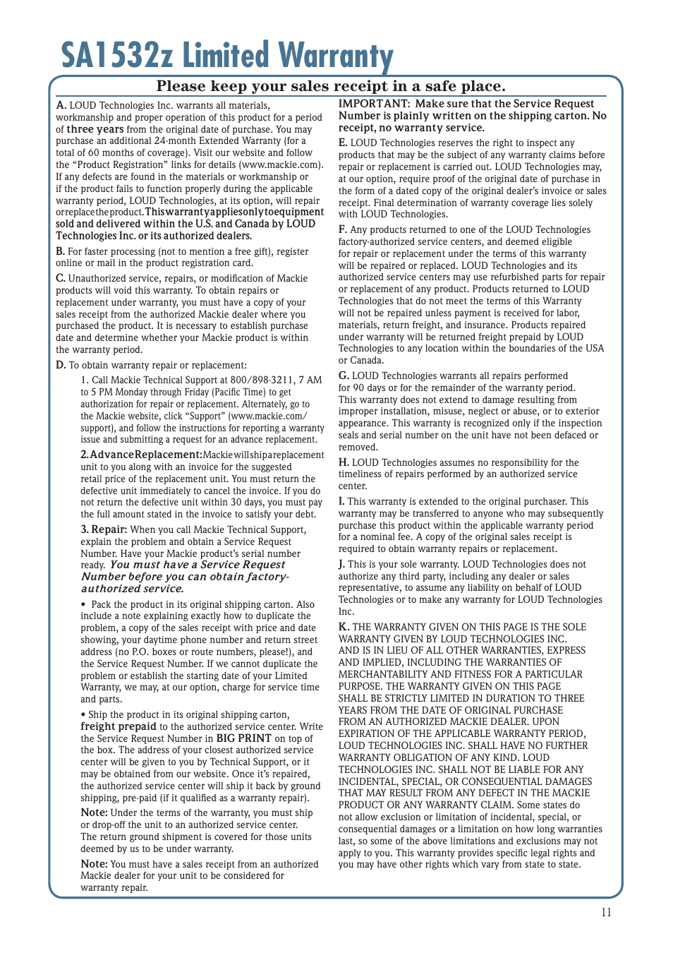 Sa1532z limited warranty, Please keep your sales receipt in a safe place | MACKIE SA1532Z User Manual | Page 11 / 12