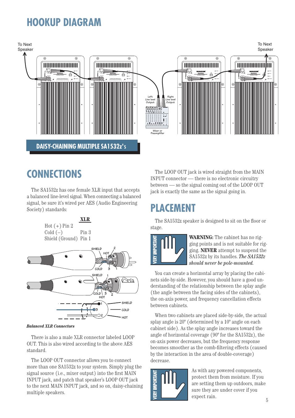 Hookup diagram, Connections, Placement | Daisy-chaining multiple sa1532z, Balanced xlr connectors, Parallel, 1202-vlz pro | MACKIE SA1532Z User Manual | Page 5 / 12