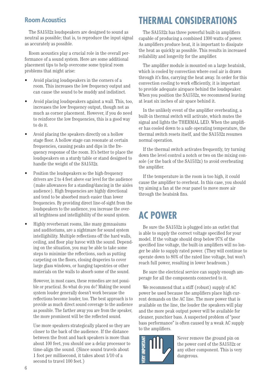 Thermal considerations, Ac power, Room acoustics | MACKIE SA1532Z User Manual | Page 6 / 12