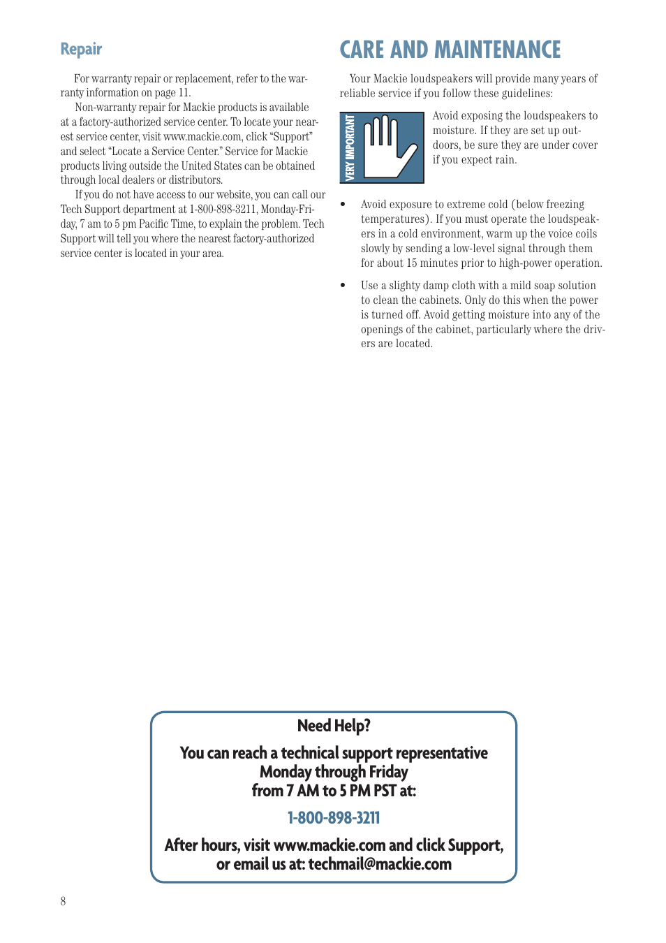 Care and maintenance, Repair | MACKIE SA1532Z User Manual | Page 8 / 12