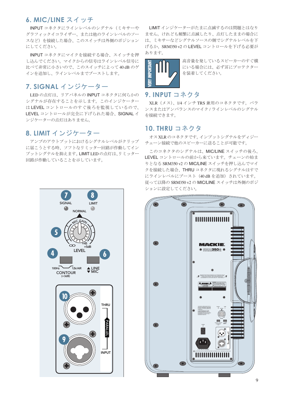 Mic/line スイッチ, Signal インジケーター, Limit インジケーター | Input コネクタ, Thru コネクタ, Level | MACKIE SRM350 V2 User Manual | Page 9 / 20