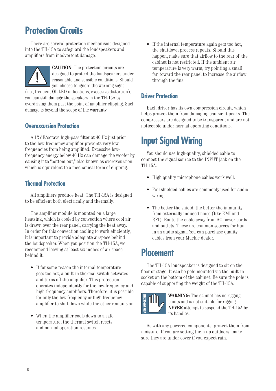 Input signal wiring, Placement, Protection circuits | MACKIE TH-15A User Manual | Page 10 / 17