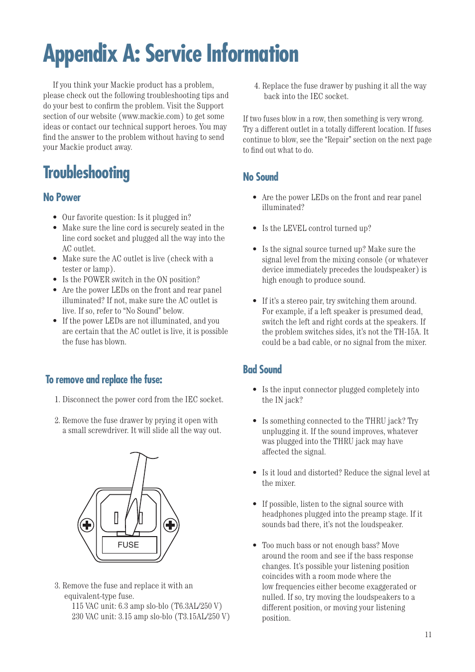 Appendix a: service information, Troubleshooting | MACKIE TH-15A User Manual | Page 11 / 17