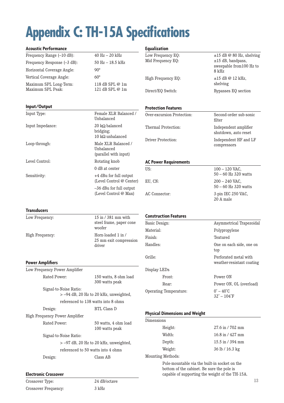 Appendix c: th-15a specifications | MACKIE TH-15A User Manual | Page 13 / 17