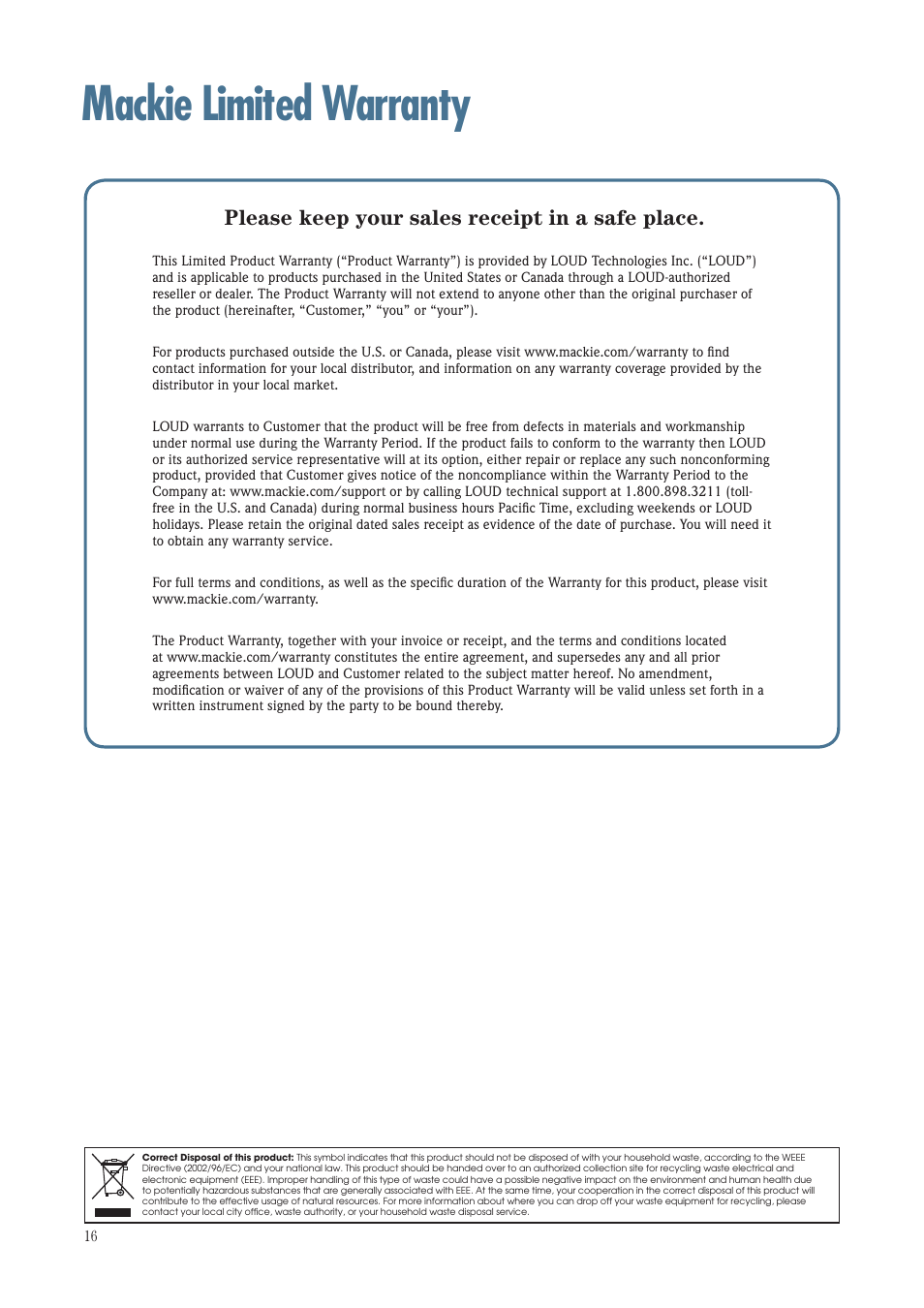 Mackie limited warranty, Please keep your sales receipt in a safe place | MACKIE TH-15A User Manual | Page 16 / 17