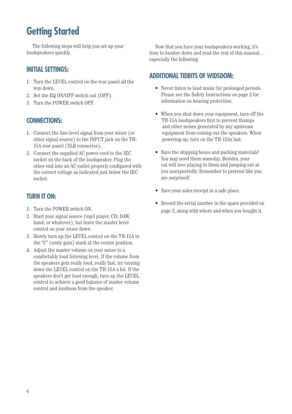 Getting started, Initial settings, Connections | Turn it on, Additional tidbits of widsdom | MACKIE TH-15A User Manual | Page 4 / 17