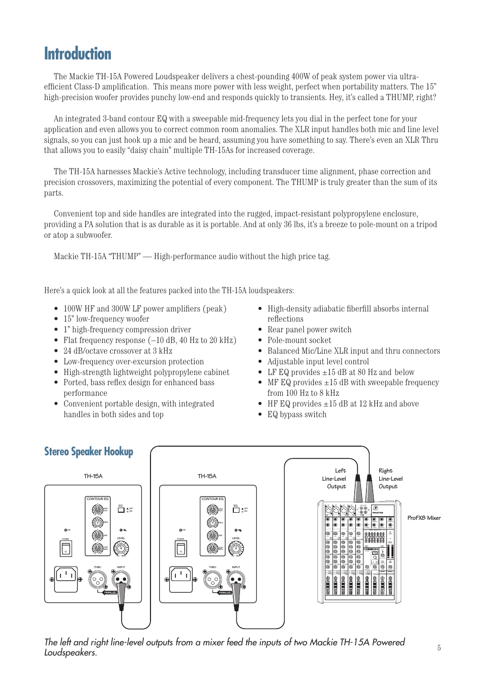 Introduction, Stereo speaker hookup, Unbalanced) | Break, Fx send gain, Gain, Tape level, Usb thru mute mute mute mute mute mute 48v, Th-15a | MACKIE TH-15A User Manual | Page 5 / 17