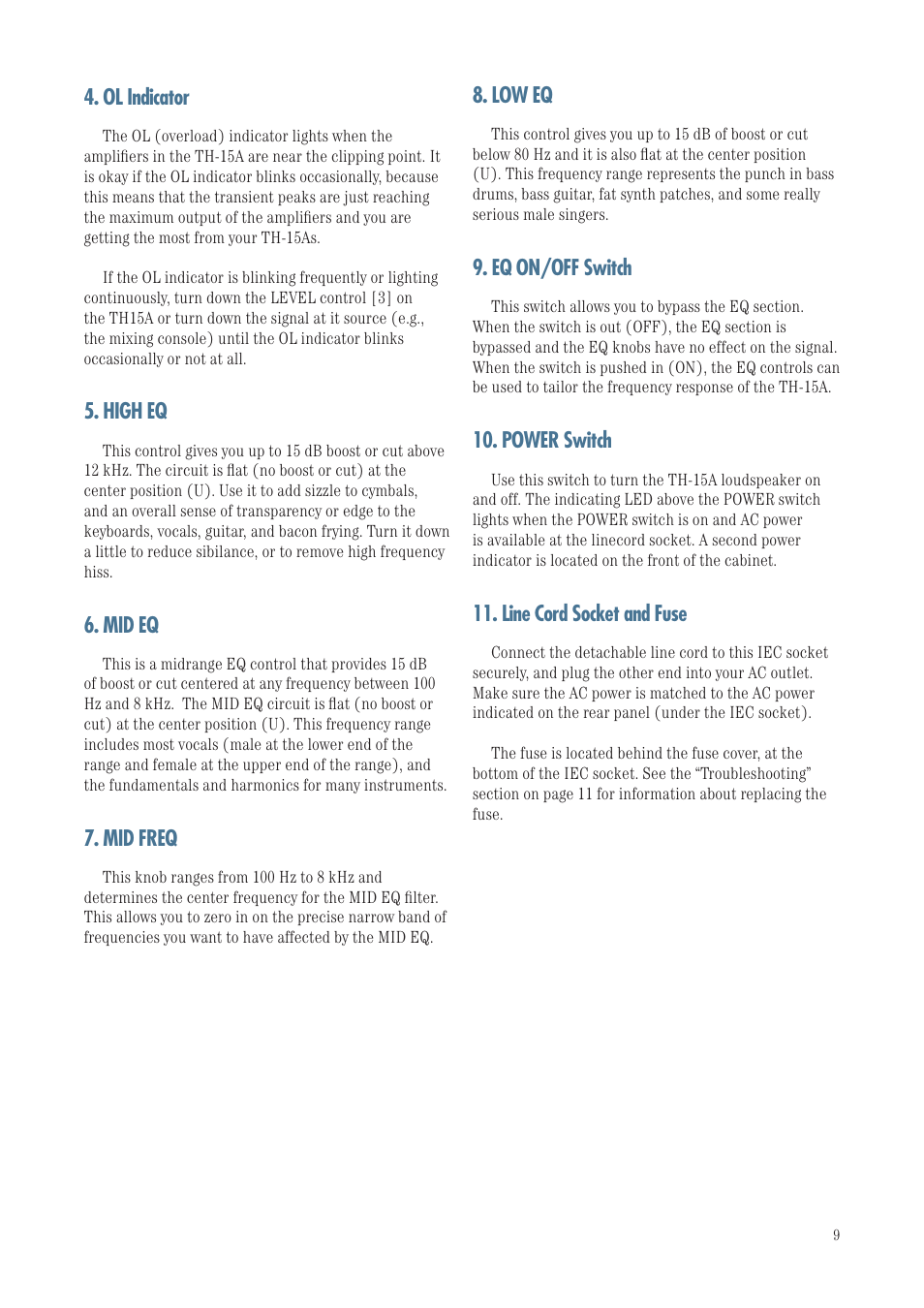 Ol indicator, High eq, Mid eq | Mid freq, Low eq, Eq on/off switch, Power switch, Line cord socket and fuse | MACKIE TH-15A User Manual | Page 9 / 17