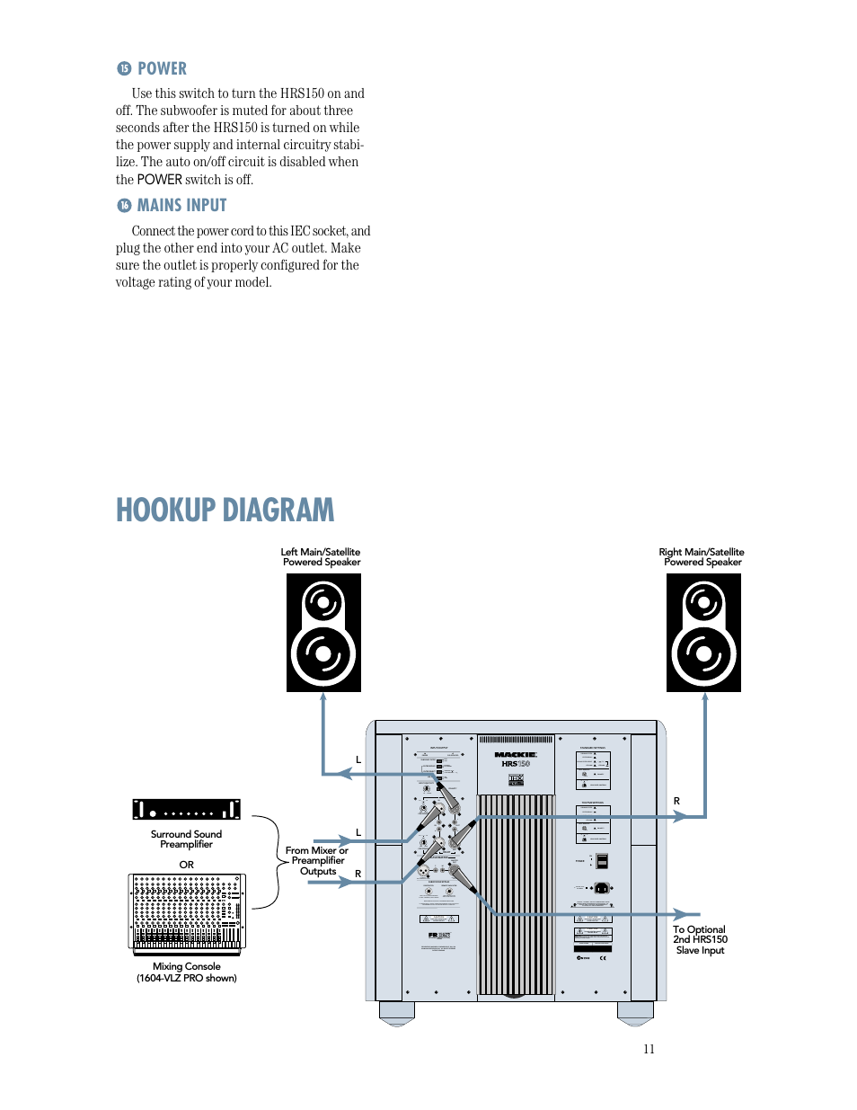 Hookup diagram, Power, Mains input | MACKIE HRS150 User Manual | Page 11 / 20