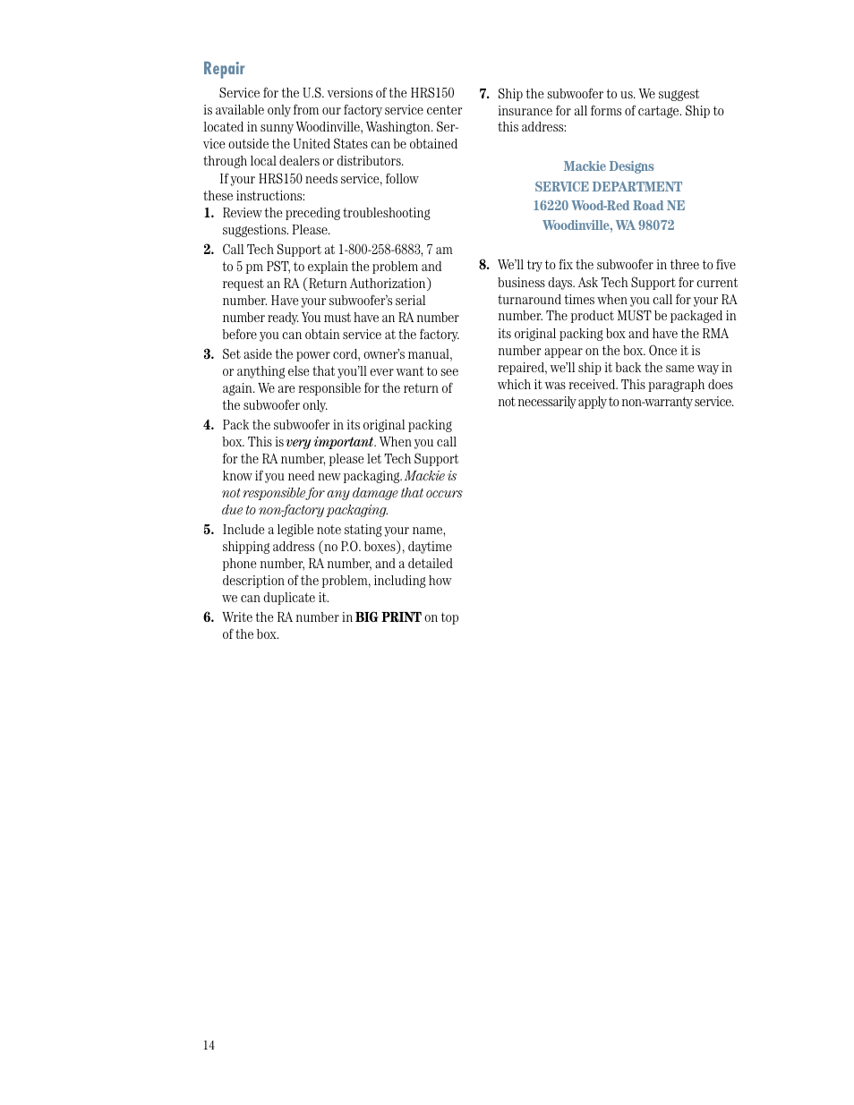 MACKIE HRS150 User Manual | Page 14 / 20