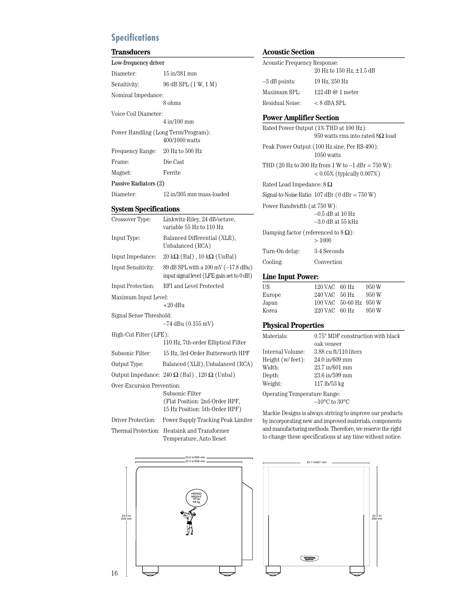 Specifications, Line input power, Physical properties | Transducers, System specifications | MACKIE HRS150 User Manual | Page 16 / 20