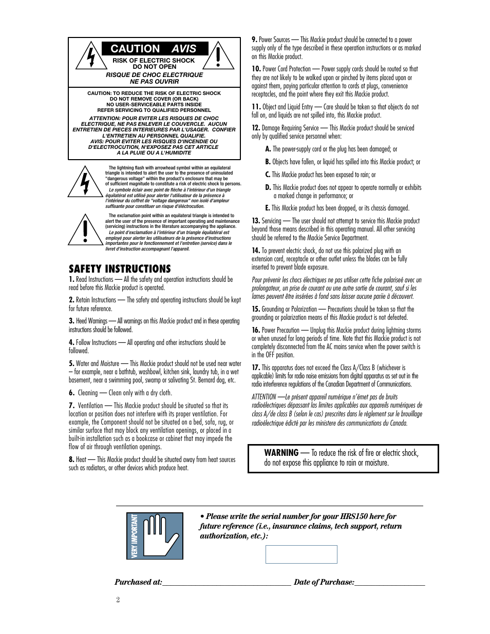 Caution avis, Safety instructions | MACKIE HRS150 User Manual | Page 2 / 20