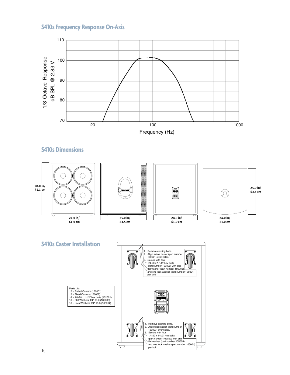 S410s caster installation, Frequency (hz) | MACKIE S410s User Manual | Page 10 / 12