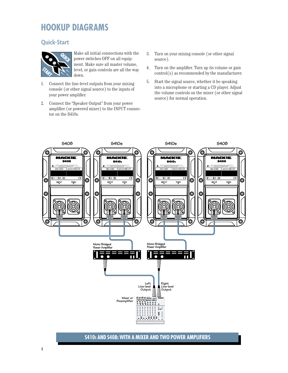 Hookup diagrams, Quick-start, S410 | And s408: with a mixer and two power amplifiers, S408, S410s, 1202-vlz pro | MACKIE S410s User Manual | Page 4 / 12