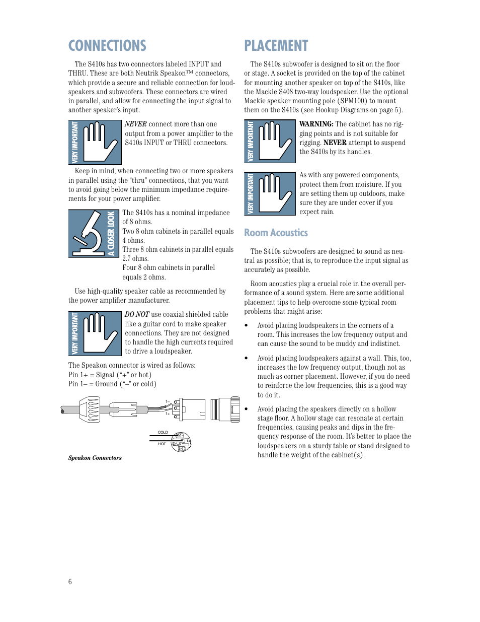 Connections, Placement, Room acoustics | MACKIE S410s User Manual | Page 6 / 12