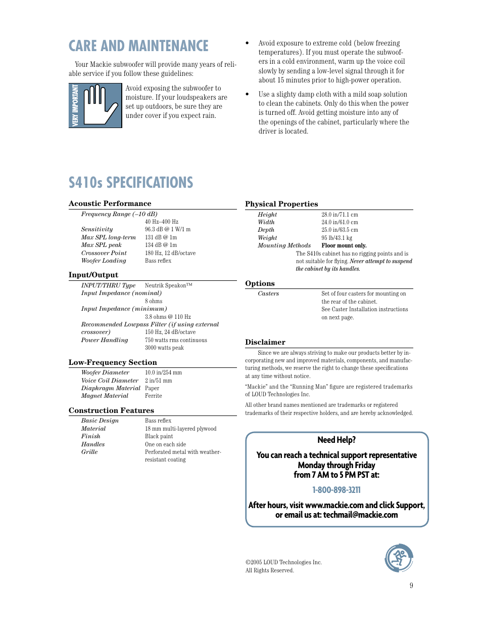 Care and maintenance, S410s specifications | MACKIE S410s User Manual | Page 9 / 12