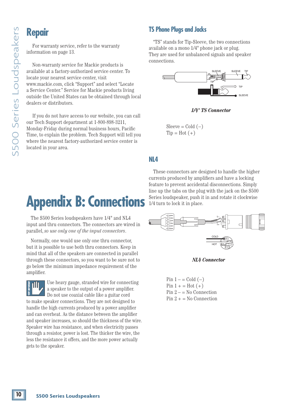 Appendix b: connections, Repair, S500 series loudspe ak ers | Ts phone plugs and jacks | MACKIE Two-Way Passive Loudspeakers and Subwoofer S500 User Manual | Page 10 / 14