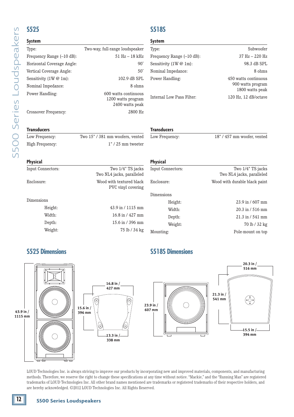 S500 series loudspe ak ers, S525, S518s | MACKIE Two-Way Passive Loudspeakers and Subwoofer S500 User Manual | Page 12 / 14