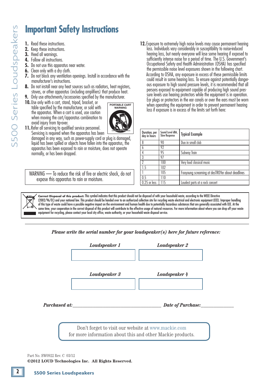 Important safety instructions, S500 series loudspe ak ers | MACKIE Two-Way Passive Loudspeakers and Subwoofer S500 User Manual | Page 2 / 14