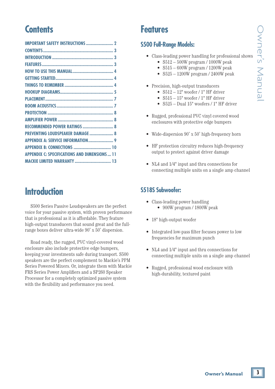 Introduction contents, Features, Owner’ s manual | MACKIE Two-Way Passive Loudspeakers and Subwoofer S500 User Manual | Page 3 / 14
