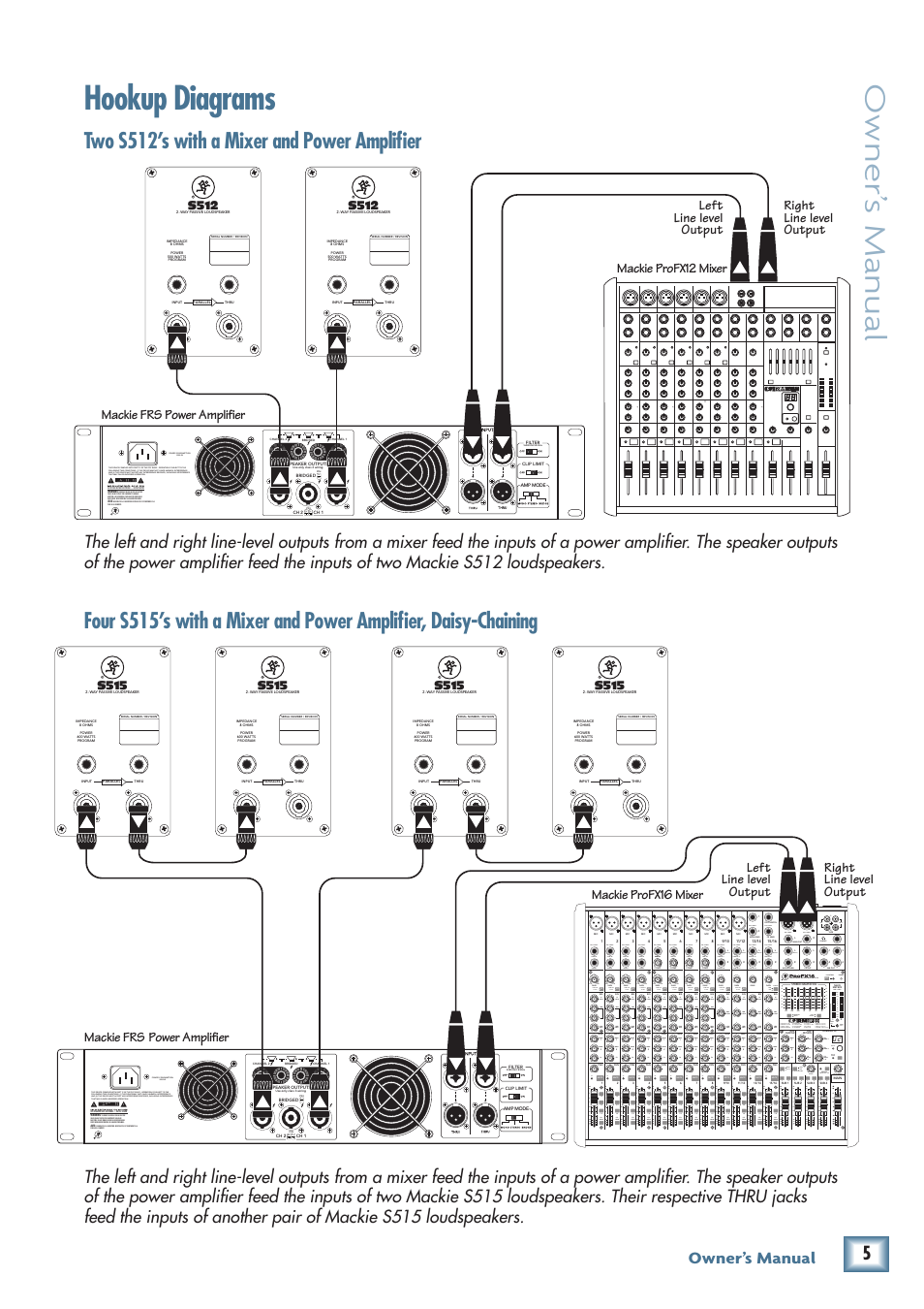 Hookup diagrams, Owner’ s manual | MACKIE Two-Way Passive Loudspeakers and Subwoofer S500 User Manual | Page 5 / 14