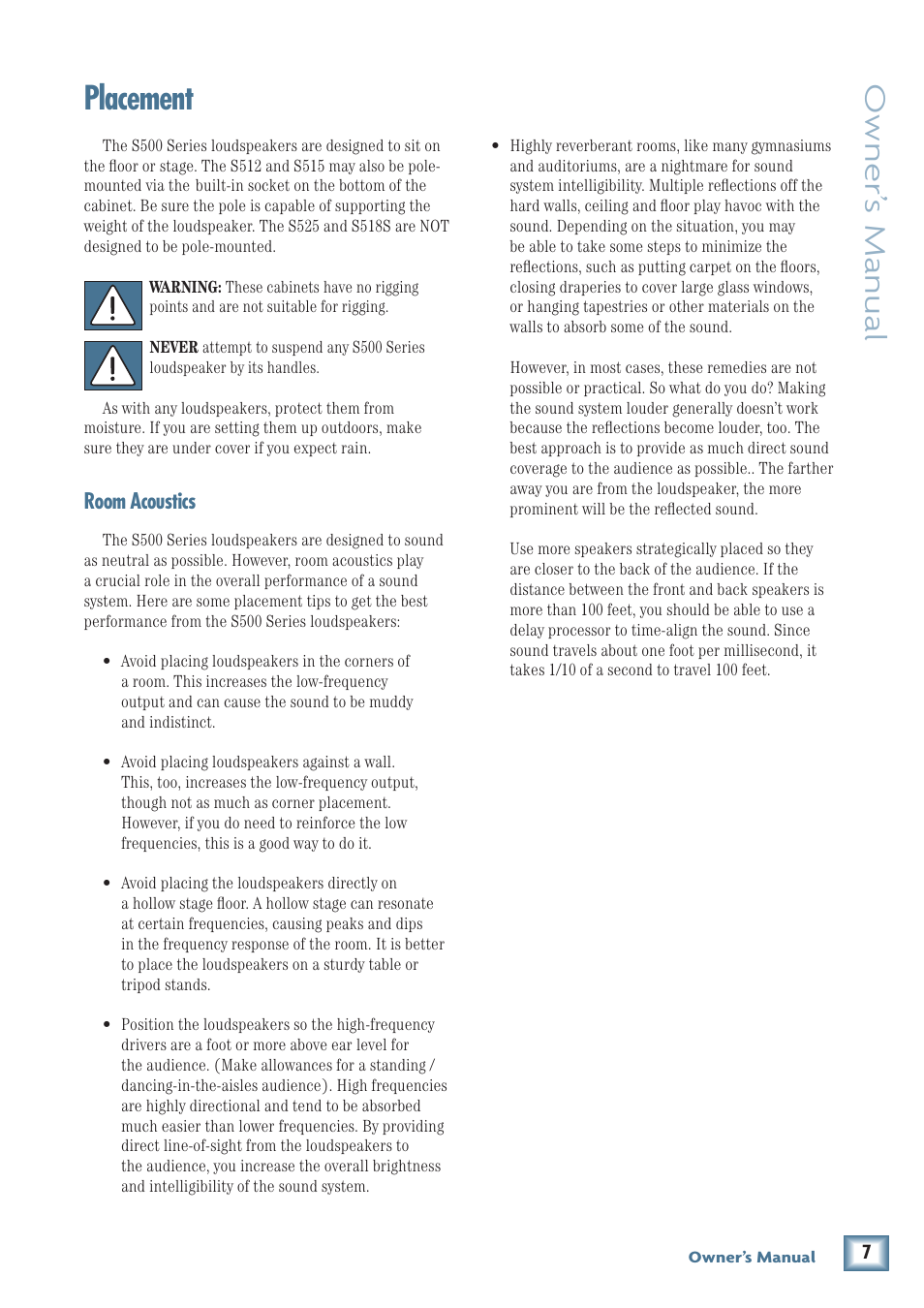 Placement, Owner’ s manual | MACKIE Two-Way Passive Loudspeakers and Subwoofer S500 User Manual | Page 7 / 14