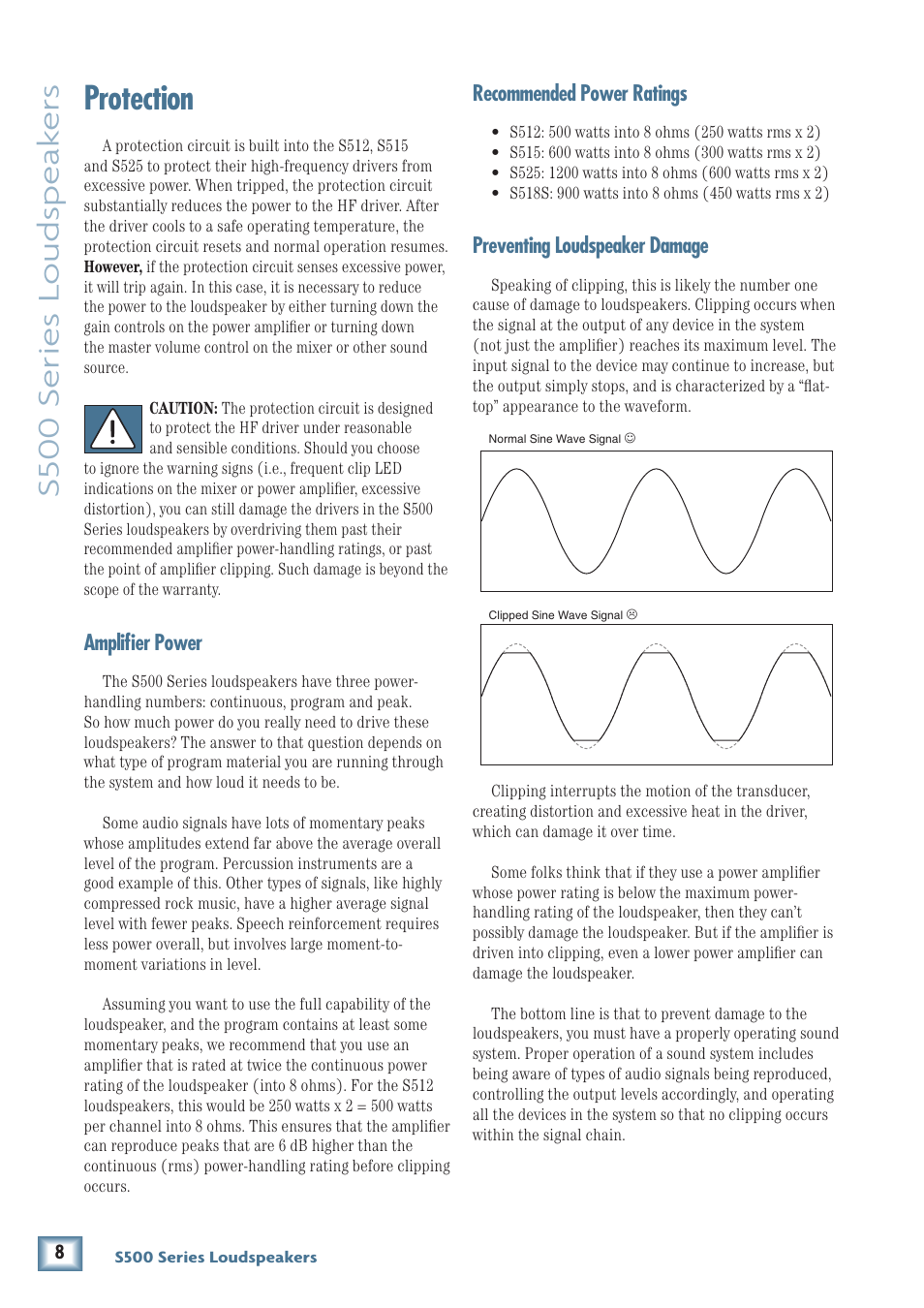 Protection, S500 series loudspe ak ers | MACKIE Two-Way Passive Loudspeakers and Subwoofer S500 User Manual | Page 8 / 14