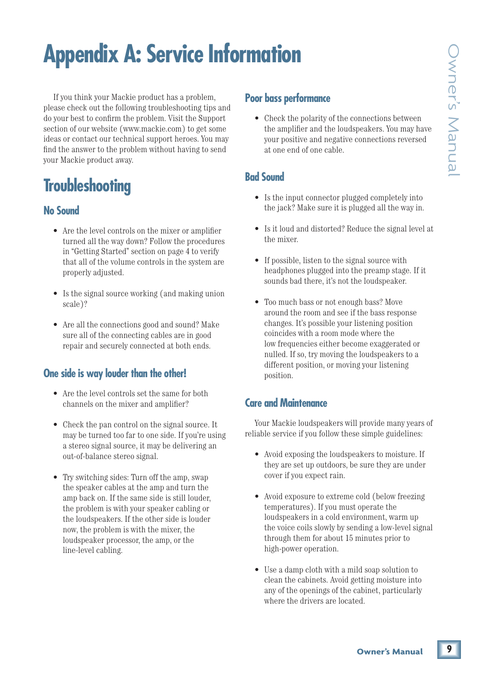 Appendix a: service information, Troubleshooting, Owner’ s manual | MACKIE Two-Way Passive Loudspeakers and Subwoofer S500 User Manual | Page 9 / 14