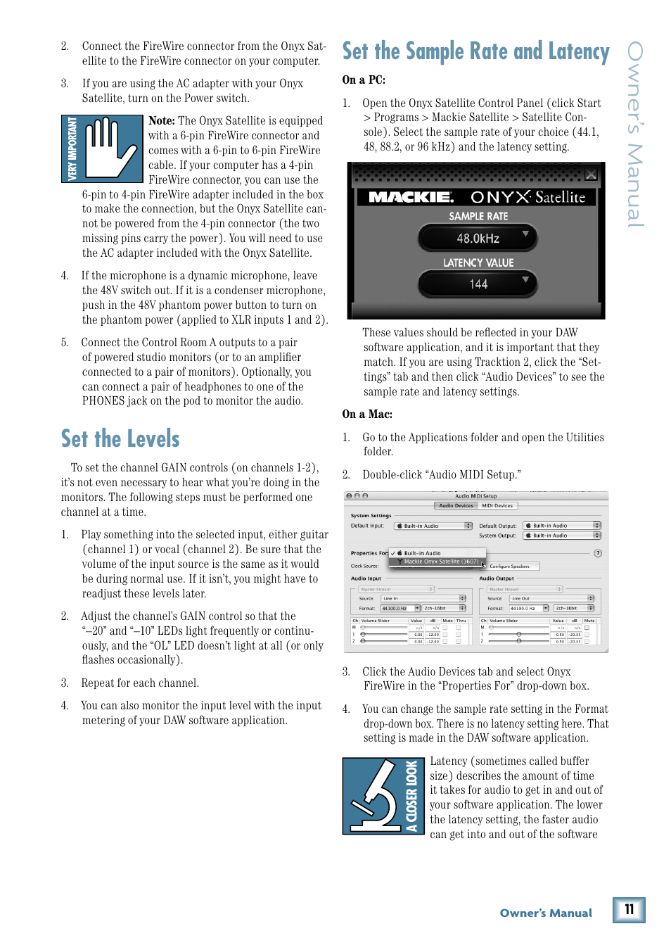 Set the levels, Set the sample rate and latency, Set the levels set the sample rate and latency | Owner’ s manual | MACKIE PORTABLE RECORDING PREAMP User Manual | Page 11 / 36