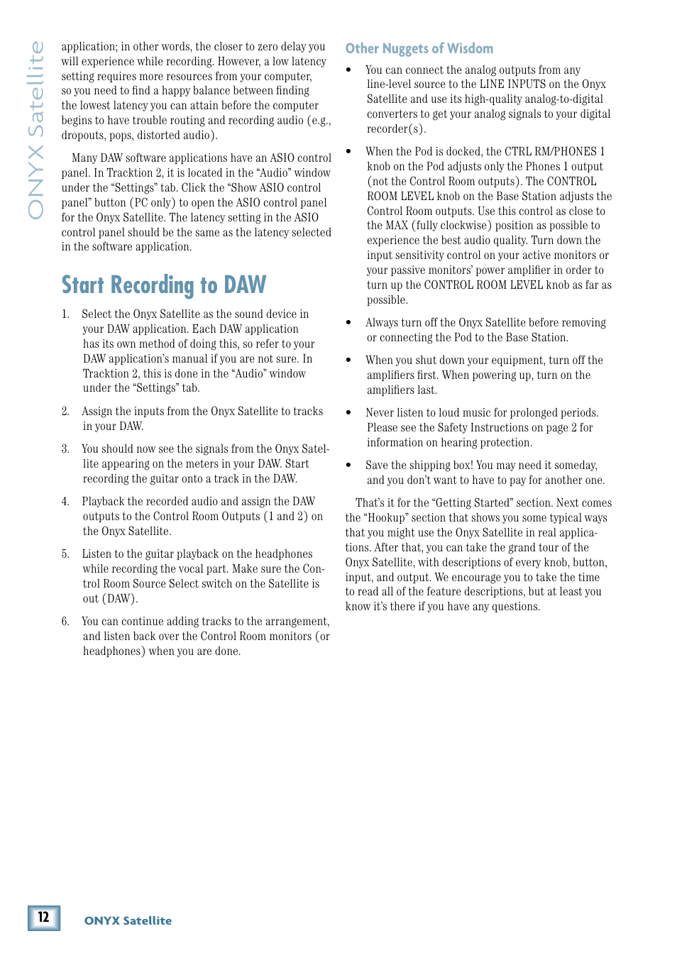 Start recording to daw, Onyx s at ellit e | MACKIE PORTABLE RECORDING PREAMP User Manual | Page 12 / 36