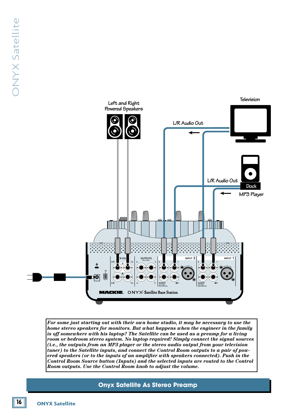 Onyx s at ellit e, Onyx satellite as stereo preamp, Onyx satellite | MACKIE PORTABLE RECORDING PREAMP User Manual | Page 16 / 36