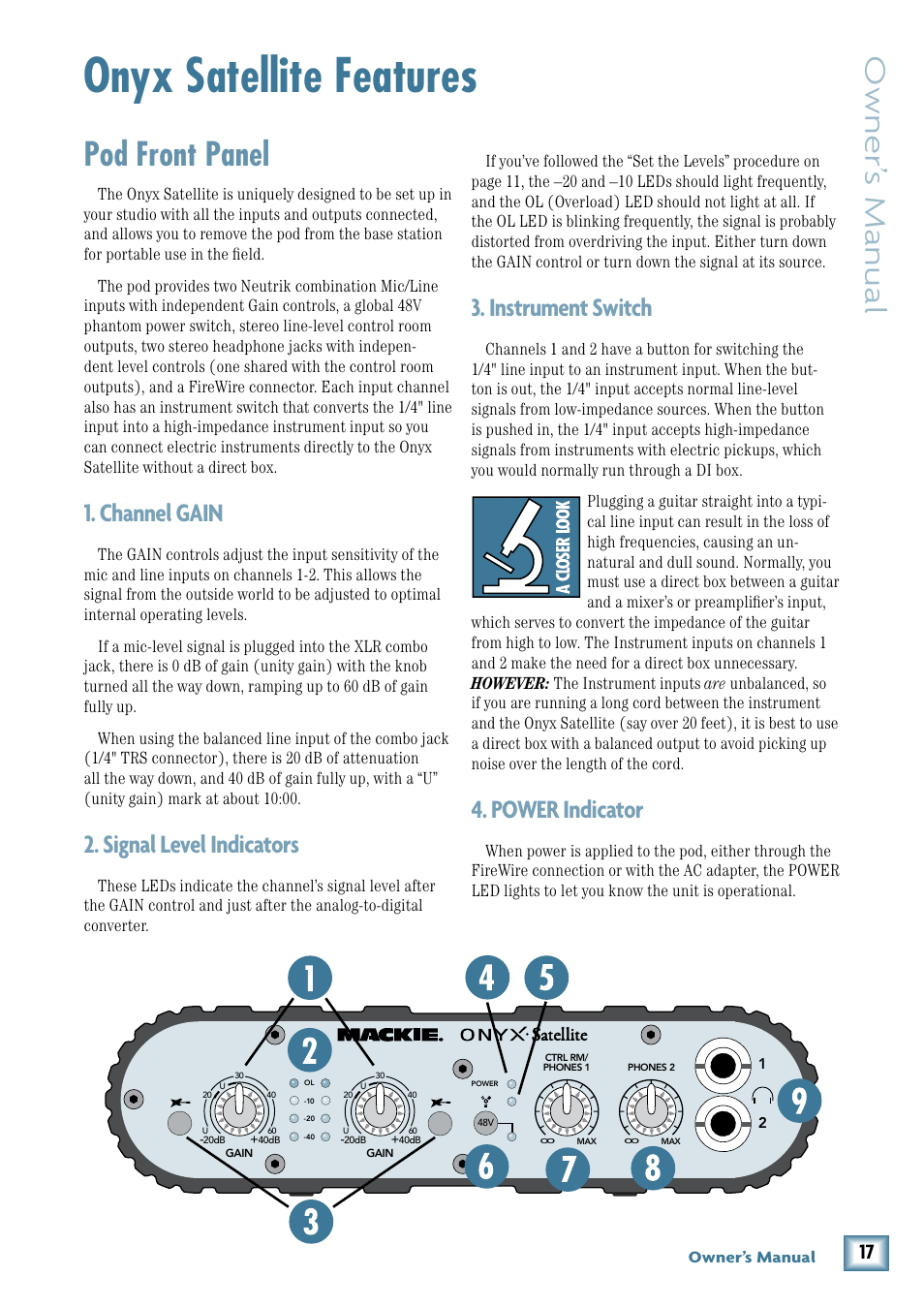 Onyx satellite features, Pod front panel, Channel gain | Signal level indicators, Instrument switch, Power indicator, Owner’ s manual | MACKIE PORTABLE RECORDING PREAMP User Manual | Page 17 / 36