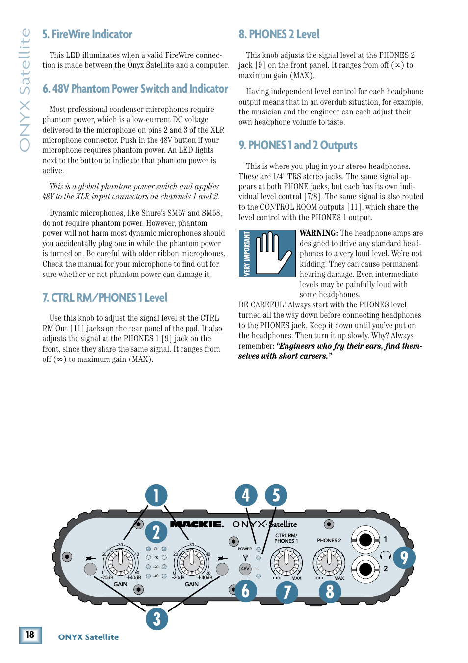 Firewire indicator, 48v phantom power switch and indicator, Ctrl rm/phones 1 level | Phones 2 level, Phones 1 and 2 outputs, Onyx s at ellit e, Phones  level, Phones 1 and  outputs | MACKIE PORTABLE RECORDING PREAMP User Manual | Page 18 / 36