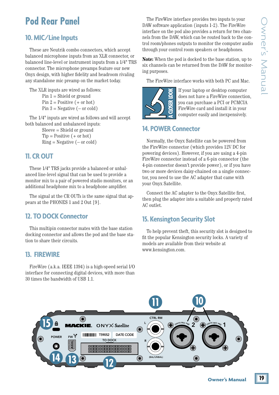 Pod rear panel, Mic/line inputs, Cr out | To dock connector, Firewire, Power connector, Kensington security slot, Owner’ s manual, 1. to dock connector, 1. firewire | MACKIE PORTABLE RECORDING PREAMP User Manual | Page 19 / 36