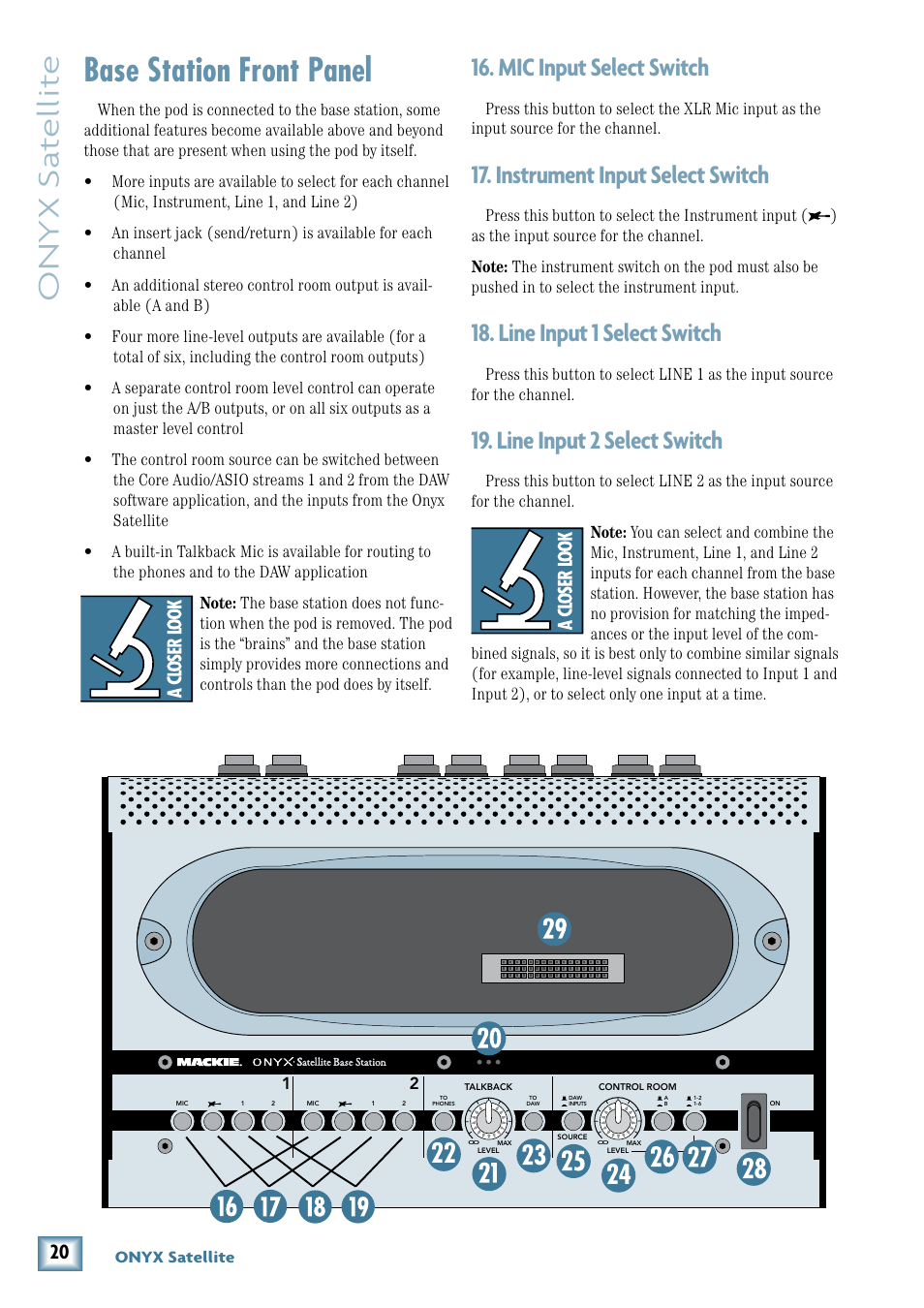 Base station front panel, Mic input select switch, Instrument input select switch | Line input 1 select switch, Line input 2 select switch, Onyx s at ellit e, Line input  select switch | MACKIE PORTABLE RECORDING PREAMP User Manual | Page 20 / 36