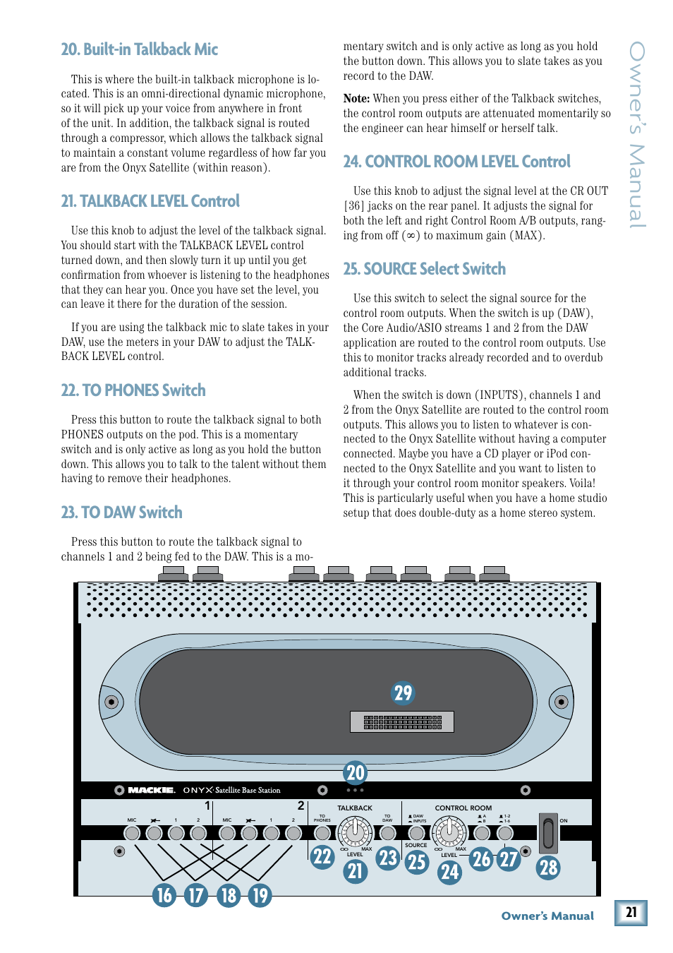 Built-in talkback mic, Talkback level control, To phones switch | To daw switch, Control room level control, Source select switch, Owner’ s manual, Owner’s manual | MACKIE PORTABLE RECORDING PREAMP User Manual | Page 21 / 36
