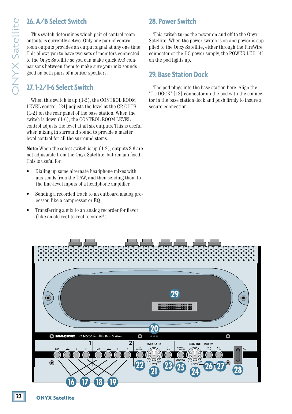 A/b select switch, 1-2/1-6 select switch, Power switch | Base station dock, Onyx s at ellit e, 1-/1-6 select switch, Onyx satellite | MACKIE PORTABLE RECORDING PREAMP User Manual | Page 22 / 36