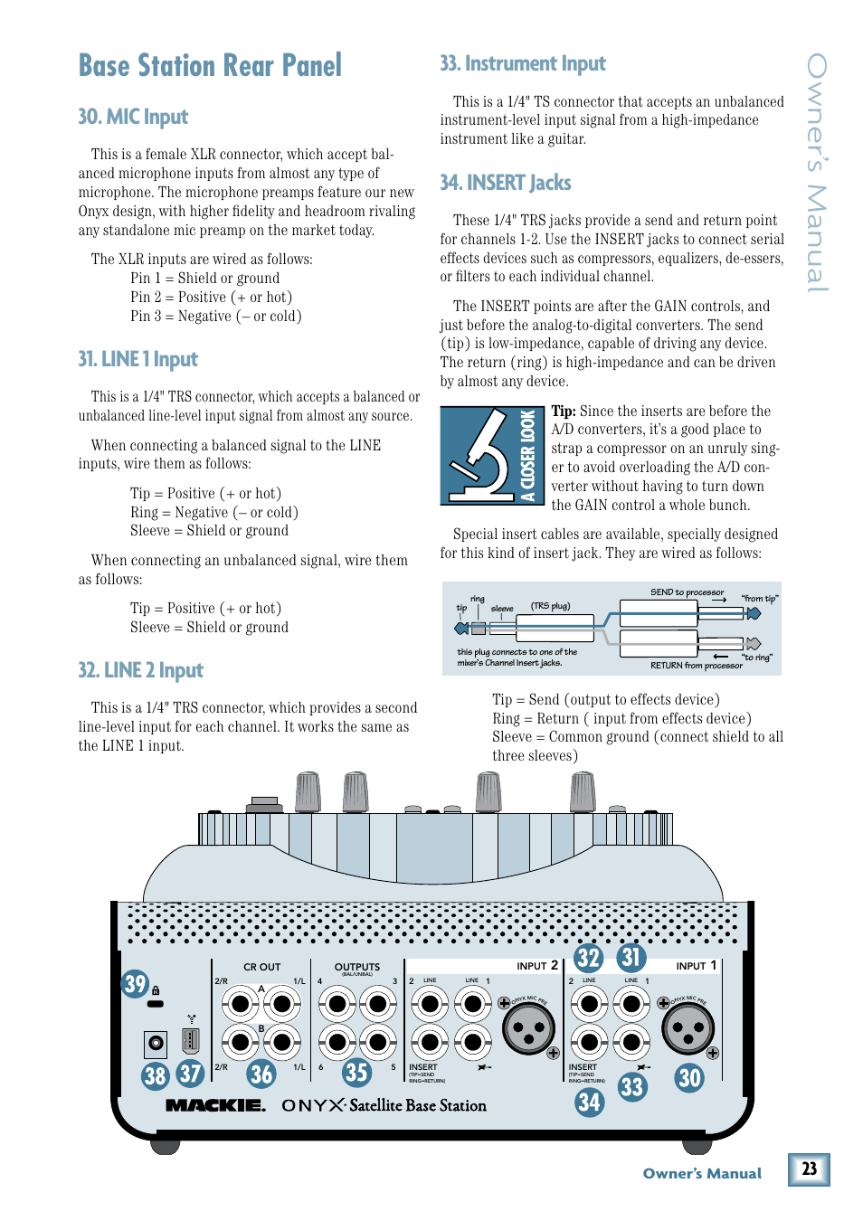 Base station rear panel, Mic input, Line 1 input | Line 2 input, Instrument input, Insert jacks, Owner’ s manual, Line  input | MACKIE PORTABLE RECORDING PREAMP User Manual | Page 23 / 36